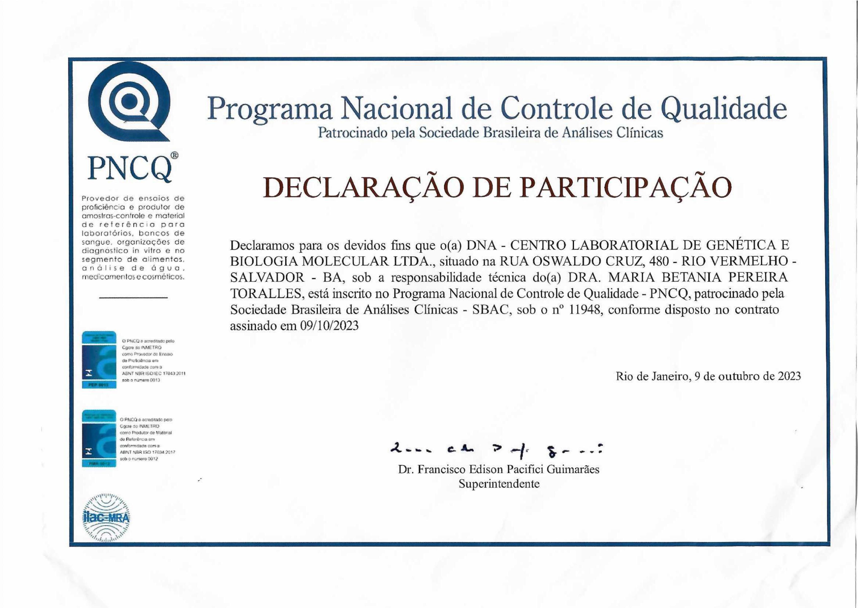 <p>Certificado de Participação no Programa PNCQ